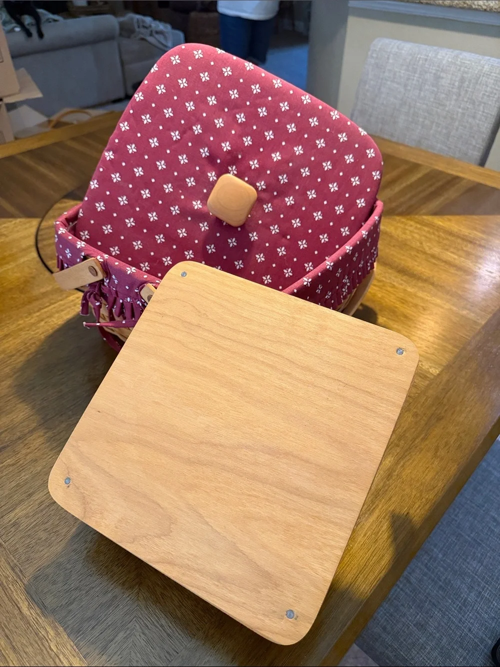 Red Floral Wooden Tray Basket - pie/cake basket.  Decorative Storage